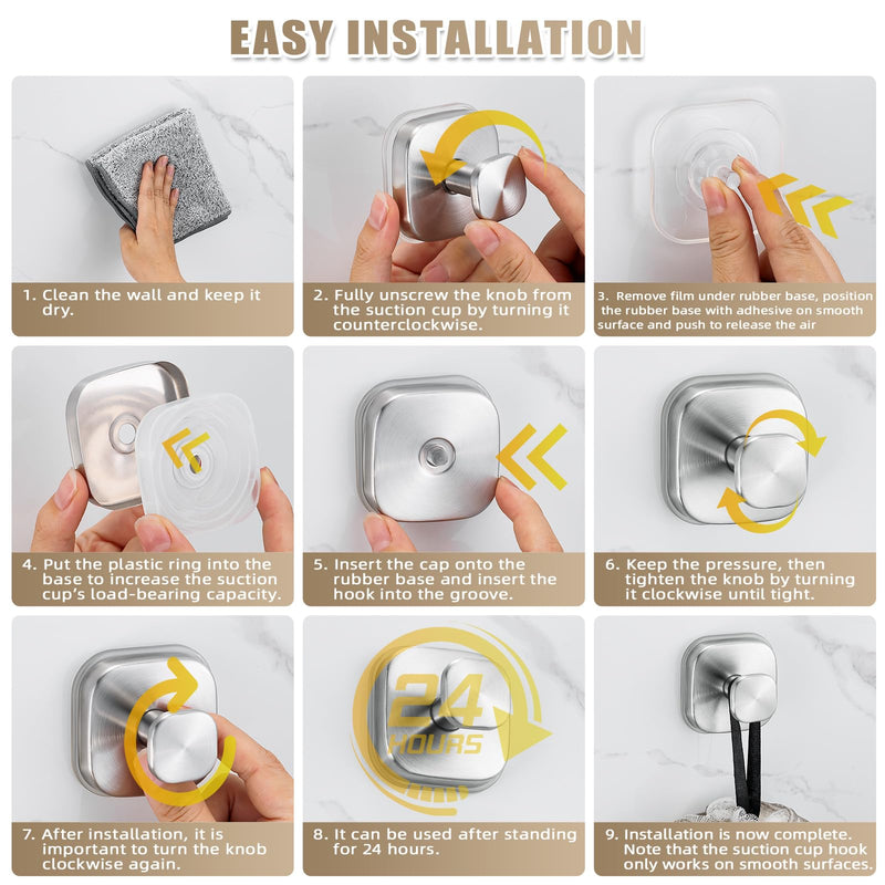 No-Drill Reusable Suction Cup Hooks, 2-Pack Brushed Nickel – Towel, Robe, Loofah, Coat Hook for Glass, Mirror, Tile, Shower, Bathroom, Kitchen & Metal (Smooth, Non-Porous Surfaces)