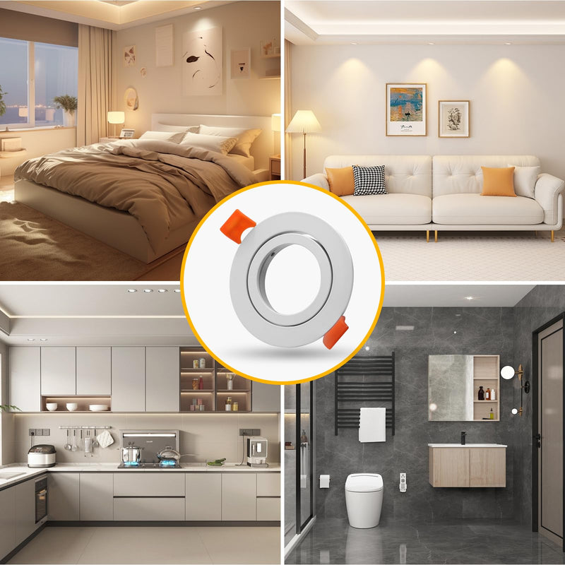 Pack of 10 LED Ceiling Light Frame Round Fixture Holders Adjustable Cutout 65mm with MR16 sockets for 1.97in/50mm GU5.3/MR16/GU10 Bulbs (White) white-10pack