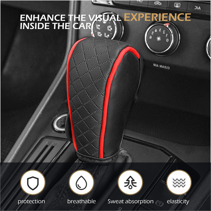 Car Gear Shift Cover, Leather Shifter Cover, Gear Shift Knob Cover for Shift Lever Protection, Universal Car Gear Shift Cover, Car Decoration Accessories (Black-Red) Red