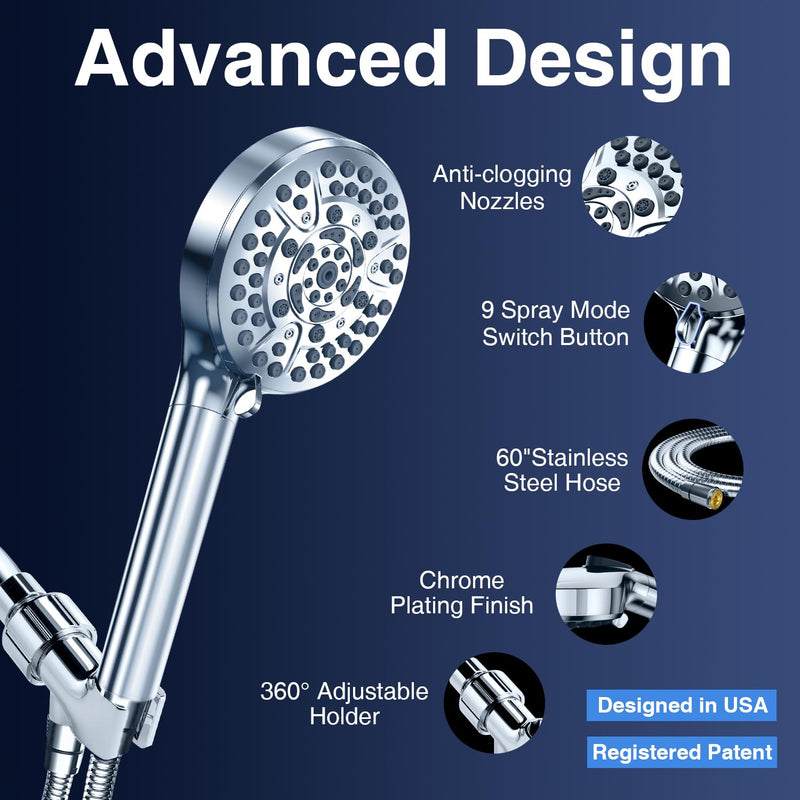 PALAS Filtered Shower Head with Handheld, High Pressure 10-Mode with Filters, Built-in Power Wash, soften hard water Remove Chlorine, Reinforced Hose, Overhead Bracket, Anti-clog nozzle (Chrome) Chrome