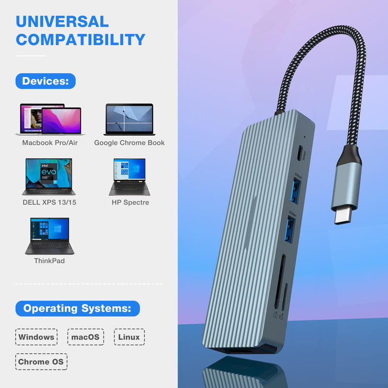 10 in 1 USB C Hub, Adapter with 4K HDMI, 2 x USB 3.0, USB-C 3.0 Data, 2 x USB 2.0, 100W PD, SD/TF, Audio Jack, Dock Compatible with Laptops, iPad