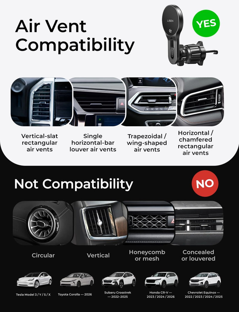 LISEN for Qi2.2 25W MagSafe Car Mount Charger,Car Vent Magnetic Car Charger | Stable & Fast Charging iPhone Car Mount,Qi2.2 Certified 25W Magsafe Car Mount, Car Vent Mount For iPhone 17 16 15 14 13 12 Black Compact/Small