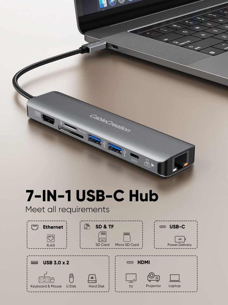 USB C Hub 4K 60Hz, CableCreation 7-in-1 USB-C Hub Multiport Adapter with 1Gbps Ethernet, HDMI, 2 USB 3.0 Ports, 100W PD and SD/TF Cards Reader, Compatible with Steam Deck MacBook Pro/Air, iPad Pro 4K/60Hz 7 in 1