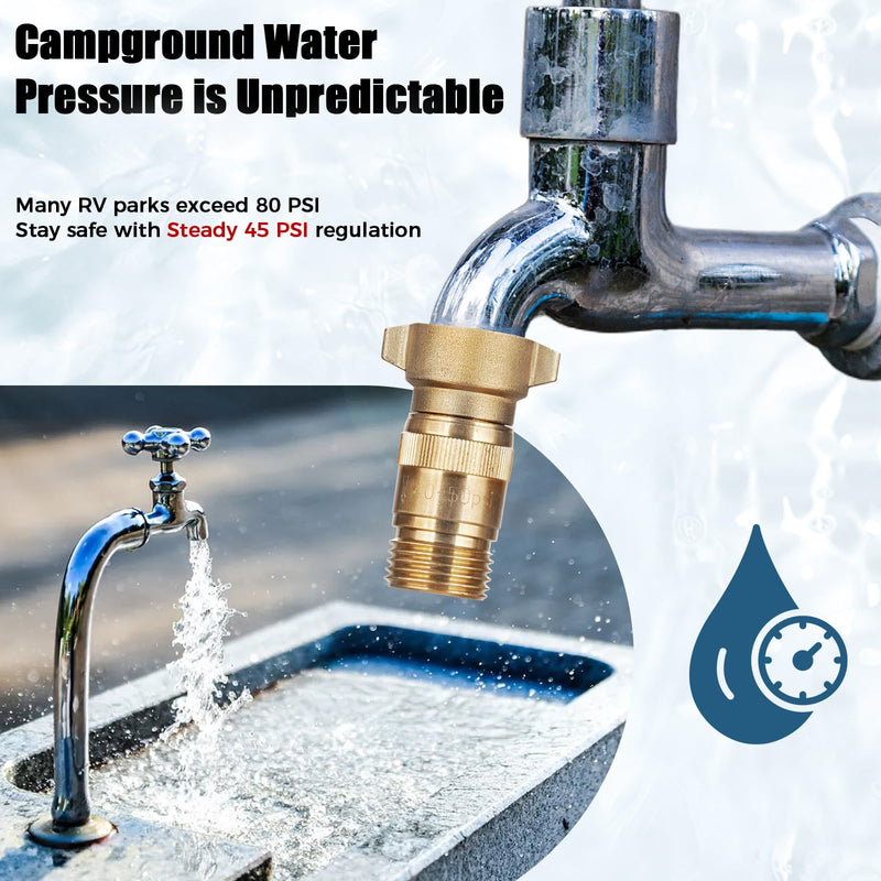 SheeChung RV High Flow Water Pressure Regulator, Brass Lead-Free 40-50 PSI Pre-Set Water Pressure Reducer with Filter, Fits 3/4" GHT for RV, Camper, Trailer, Garden Hose BRASS01