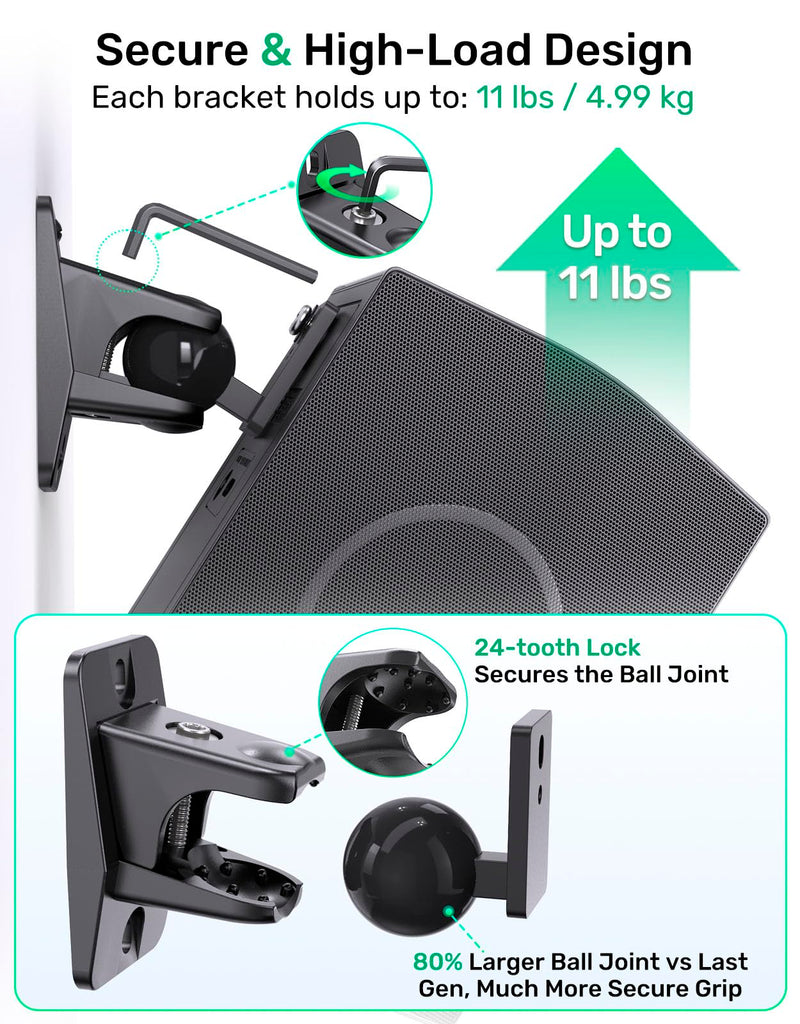 Surround Sound Rear Speaker Wall Mount 2 Pack, Keyhole Mount, Holds 11 lbs | Adjustable Angle, Aluminum Alloy, Keyhole Mount, Fits 1/4"-20, M4, M5, M6 Threads, Compatible with Roku, Samsung and Others