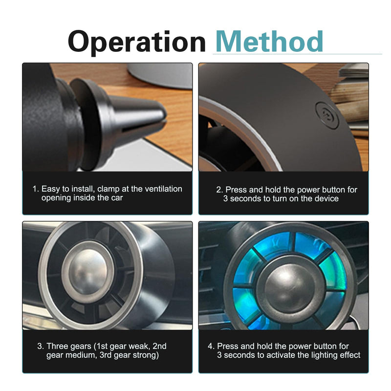 Car Vent Fans, Portable USB Mini Automatic Fan with Cool Lighting, Three-speed Blower with Adjustable Clip, Universal for Most Cars, Trucks, SUVs (Black) 1 PC Black