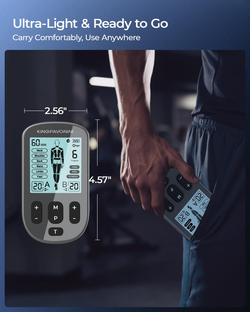KingPavonini 3-in-1 TENS Unit Muscle Stimulator for Pain Relief Therapy, Dual Channel 36 Modes TENS Machine with 12 Pads, Rechargeable & Portable EMS Muscle Stimulator for Back, Shoulder, Neck Grey