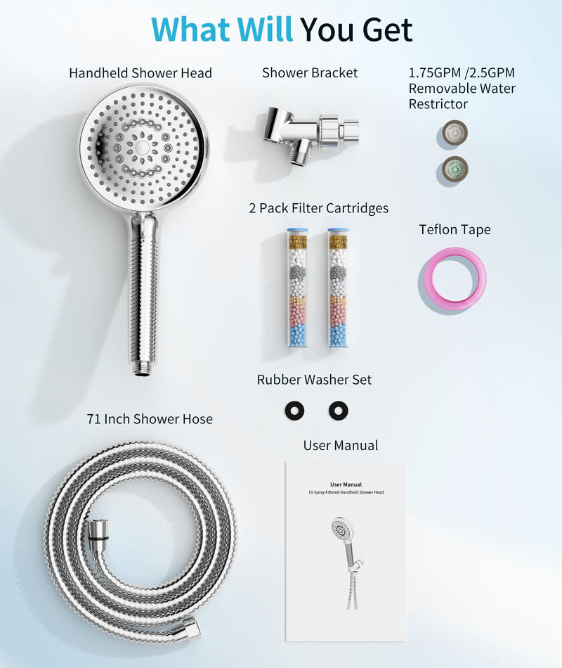 Filtered Shower Head with Handheld, 10 Spray Mode High Pressure Shower Head with Filters, Shower Filter Head for Hard Water, Powerful Spray for Cleaning, 2 Replaceable Filters Included, Chrome 10 Modes with 2 Filters