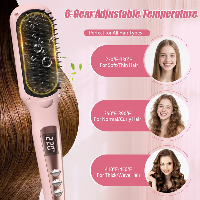  [AUSTRALIA] - Hair Straightener Brush, Portable Travel Straightening Brush Heated Styling Hot Brush for Women, 6 Temps (120℃~220℃) LED Display, Fast Heating Hot Air Styler for Hair Styling(Pink) Pink