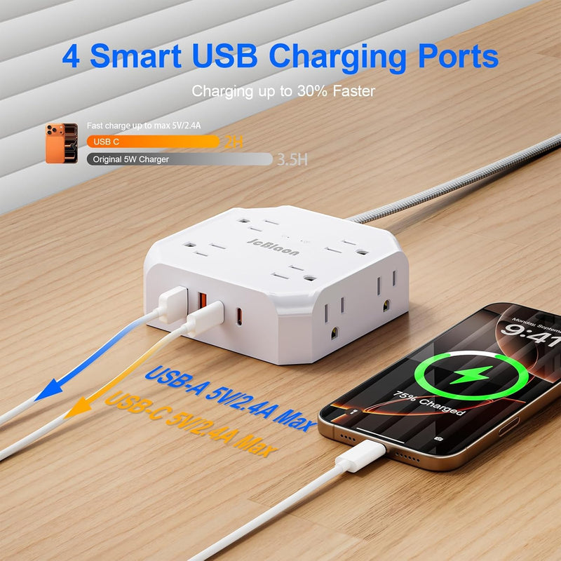 Surge Protector Power Strip, 8 Outlets with 4 USB Ports(2 USB C), 4-Sided 1050J Outlet Extender with 5FT Flat Extension Cord for Travel, Home, School, College Dorm Room Essentials