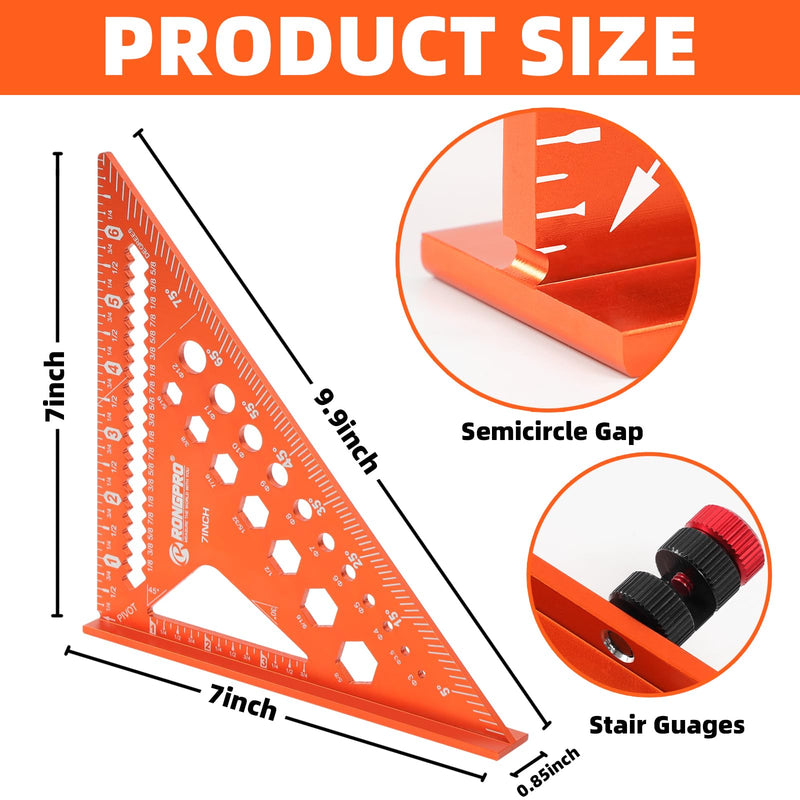 2pcs Rafter Square, 12-inch & 7-inch Carpenter Sqaure Set withWoodworking Pencil, Carpenter Measuring Layout Tool,Aluminum Alloy Triangle Ruler for Woodworking- Imperial 7+12 inch