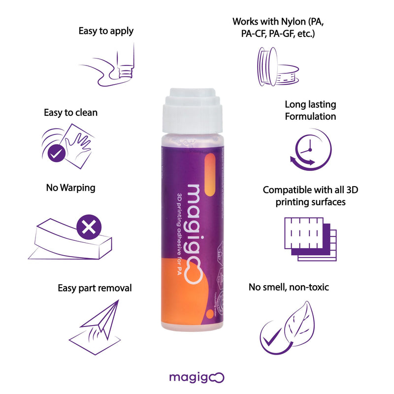 MPA2019 3D Printer Adhesive Glue for Nylon Filaments - Long-Lasting and Reduces Warping on Flex Plate, Glass, PEI, Buildtak & Kapton - 3D Printing Accessories, Supplies, and Materials (50mL) Magigoo PA - Nylon