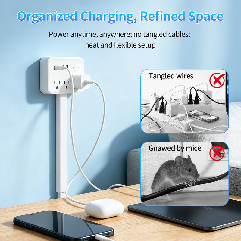 180° Rotating Outlet Extender Stick with 3 AC & 4 USB | Telescopic Extension, Behind Couch Space Saving, Surge Protector, 6-in-1 Multi Plug Wall Splitter Charging Station