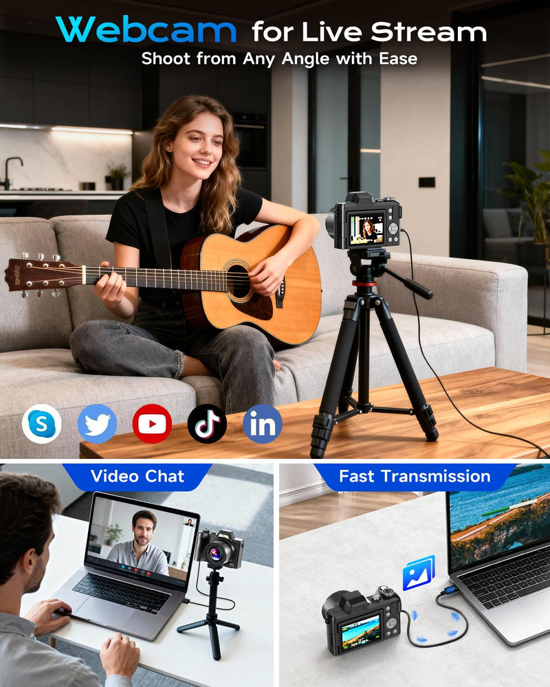 4K Digital Camera for Photography Travel, 56MP Autofocus Vlogging Camera for YouTube, 16X Zoom with 3" 180°Flip Screen & Lens Hood, 32GB Card, Gift Ideas for Teens & Beginners Black
