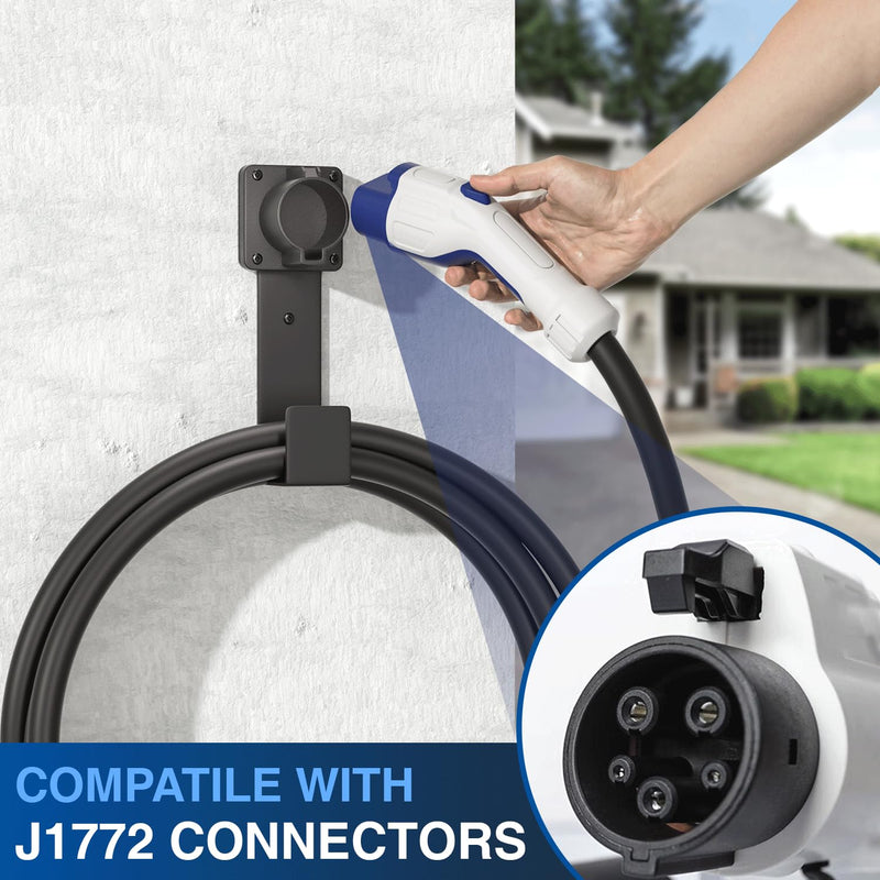 EV Charger Holder-J1772 Connector, Nozzle Holster Dock and J-Hook Combination, EV Cable Holder Wall-Mount Electric Vehicle Charger.