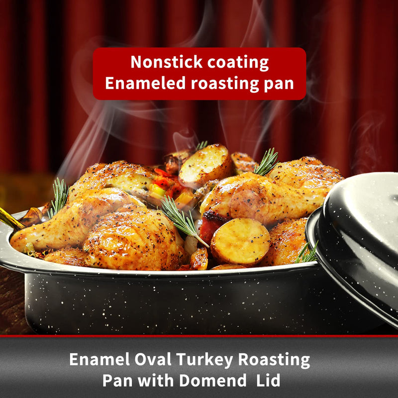 JY COOKMENT Granite Roaster Pan, Small 13” Enameled Roasting Pan with Domed Lid. Oval Turkey Roaster Pot, Broiler Pan Great for Small Chicken, Lamb. Dishwasher Safe Cookware Fit for 7Lb Bird Porcelain 13INCH