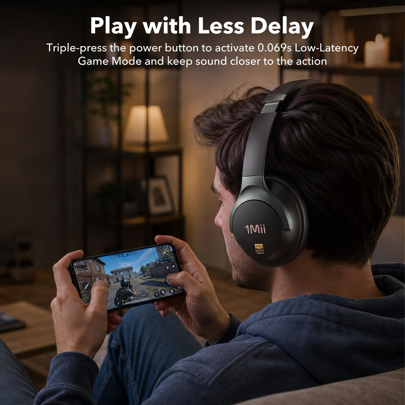 1Mii Hybrid Active Noise Cancelling Bluetooth Headphones with Game Mode | Over Ear Headphones Wireless Bluetooth 6.0 Low Latency, Hi-Res Audio, Clear Calls, 100H Battery Comfortable for Travel Office