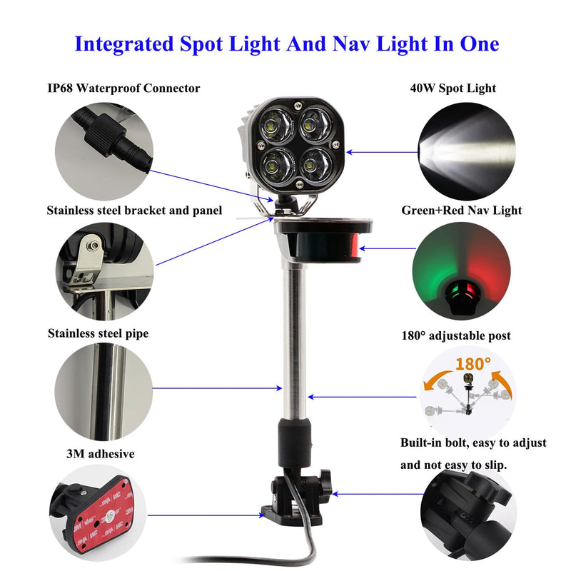 Led Boat Navigation Lights, Waterproof Spot light with Red/Green Nav Lights for Pontoon Yacht and Small Boat