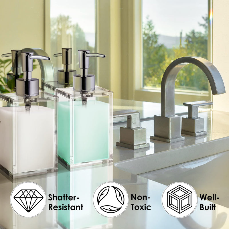 Clear Acrylic Reusable Kitchen & Bathroom Hand Sanitizer Dispenser with Rust Proof Stainless Steel Pump, Square Soap Dispenser Set | 12 oz, 2 Pack Clear 2 Pack / Soap Dispenser