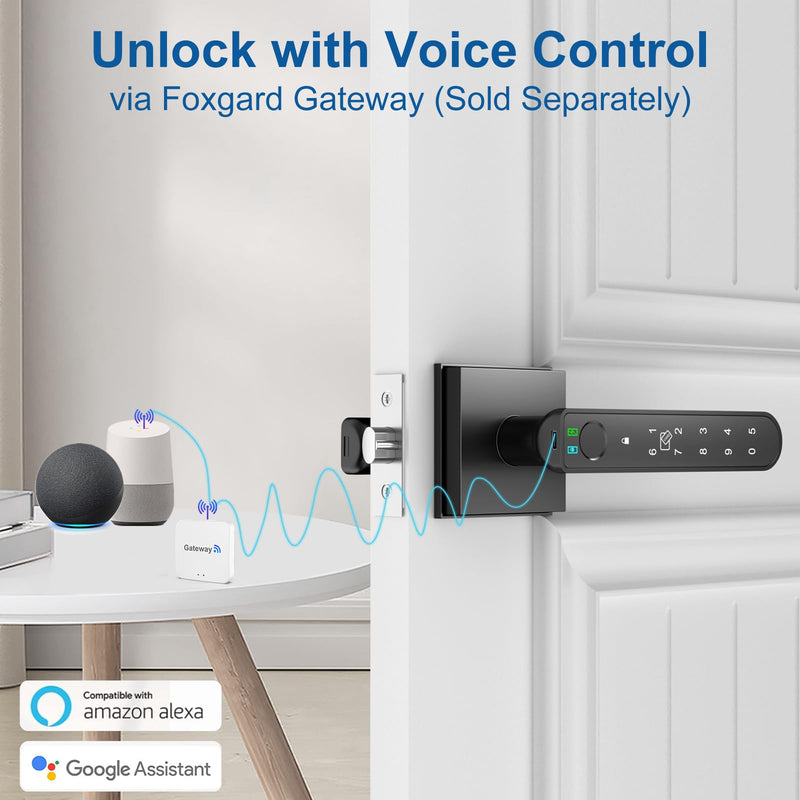 Foxgard Smart Fingerprint Door Lock:Fingerprint Door Knob-Biometric 5-in-1 Finger Print Door Lock-Thumb Print Door Knob for Bedroom-APP Control-Easy Installation–Square Black–1 Pack Modern