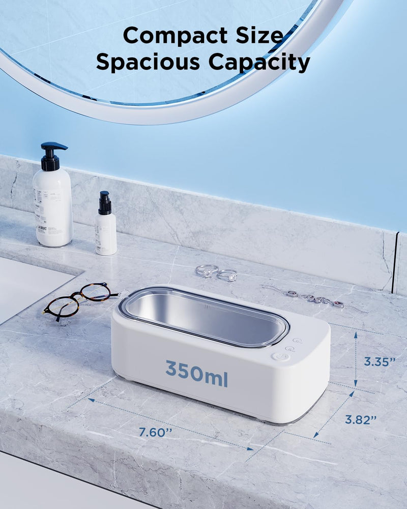 Ultrasonic Jewelry Cleaner Machine: 48KHz Ultra Sonic Cleaner for Jewelry,Eyeglass,Rings,Watch Band,Dentures,with Dual Cleaning Modes,350ML 304 Stainless Steel Tank,Gift for Wife,Mom,Daughter White