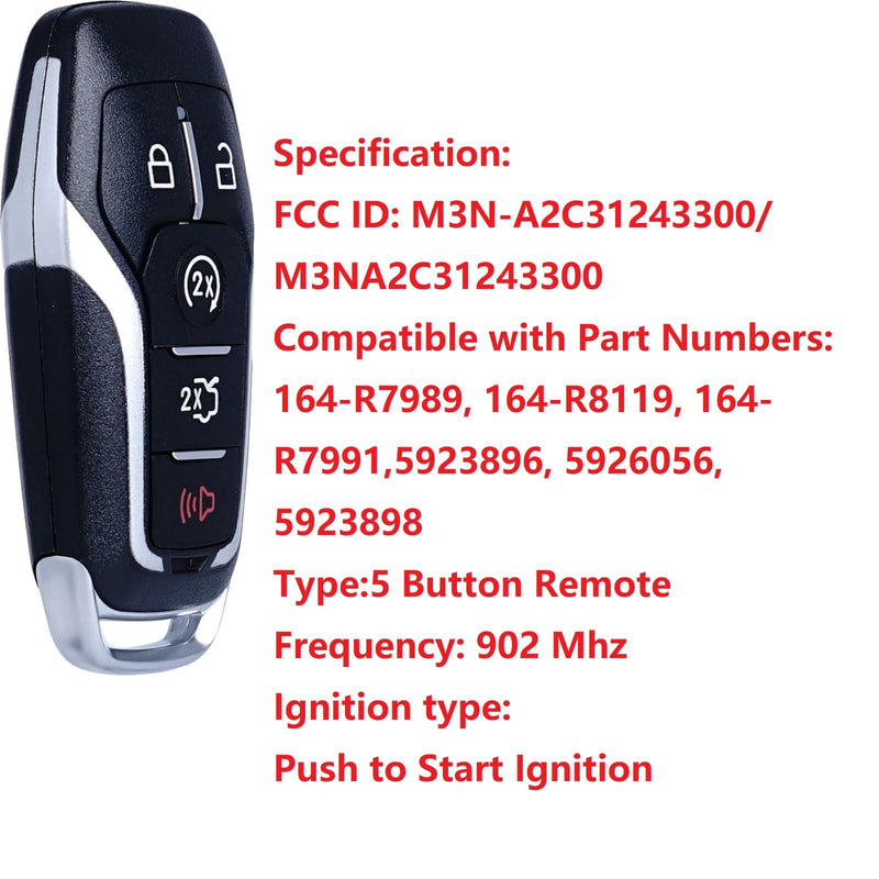 MechanMagic Key Fob Replacement Compatible for Ford Explorer 2016-2017 Edge Mustang Fusion Titanium Lincoln MKZ MKC 2014-2016 MKX 2016-2019 Smart Car Keyless Entry Remote Control 902Mhz 164-R7989