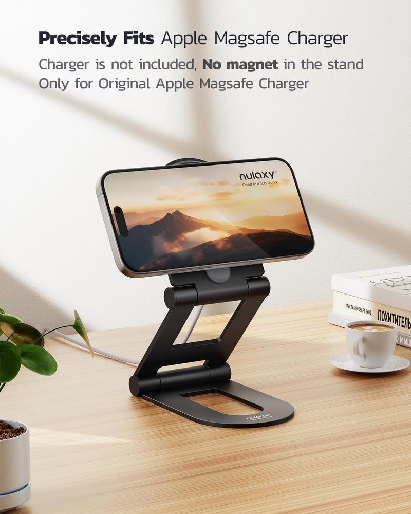 Nulaxy Dual Folding Phone Stand for MagSafe Charger (MagSafe Charger Not Included), Fully Adjustable Aluminum Magsafe Charging Desk Mount Holder, Compatible with iPhone 15 14 13 12 Series, Black A-Black