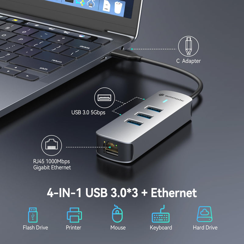 Yottamaster 4-in-1 USB 3.0 Hub with 1 Gigabit Ethernet – 3X USB-A 3.0 Ports, Aluminum LAN Converter, Support Windows 10,8.1,Mac OS, Surface Pro,Linux,Chromebook and More
