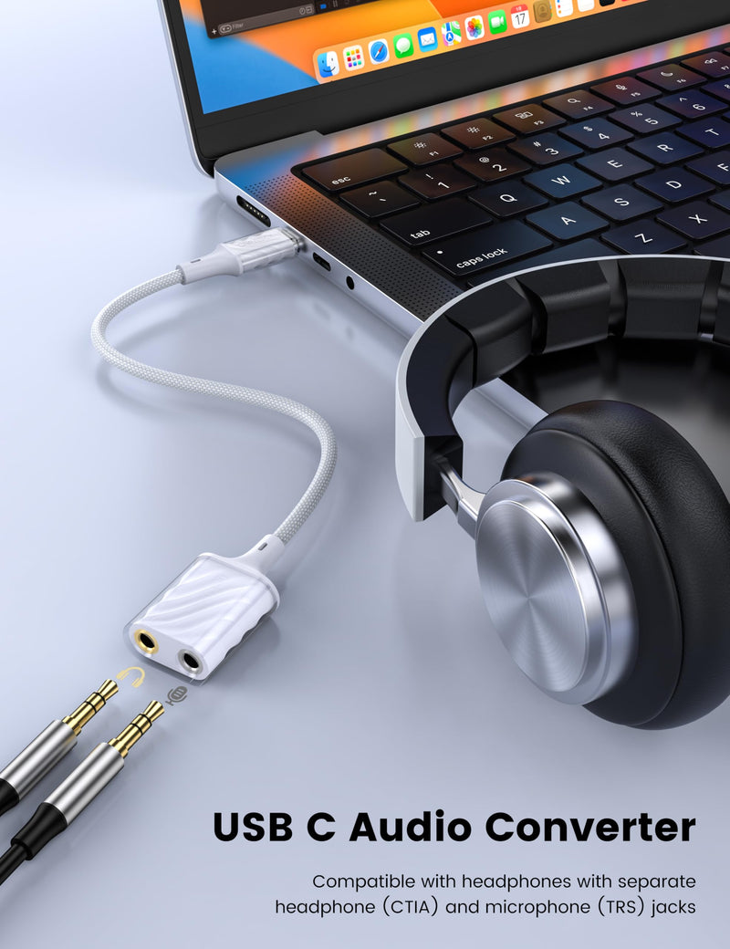MOSWAG Type C External Sound Card, USB-C to Headphone Jack Adapter Sound Card, USB-C Microphone Headphone Adapter Compatible with MacBook, Chromebook, iPad Pro 2020, iPhone 16/15, Galaxy S24/ S23/ S22 1 Pack White