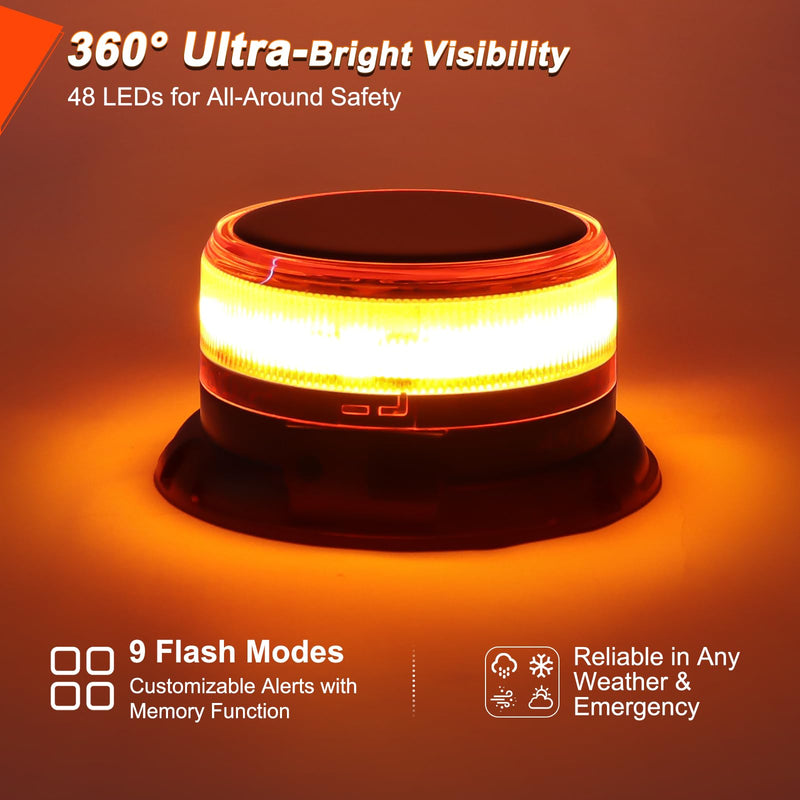 Solar Amber Strobe Light, 48 LED Rechargeable Emergency Warning Beacon Light with 9 Flash Modes, Magnetic Mount, IP68 Waterproof for Trucks, Forklifts, Tractors, Golf Carts, UTV, Car, Bus