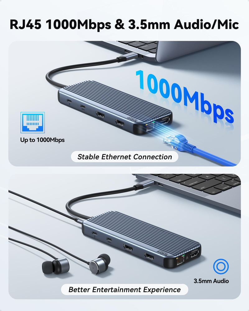 USB C Docking Station 3 HDMI Selore Laptop Docking Station 3 Monitors | Triple HDMI,10Gbps USB A/C 3.1,USB 2.0,100W PD Charging, Gigabit Ethernet, Audio Mic,SD/microSD Card Slot,for Windows Laptops 12-in-1 3 HDMI
