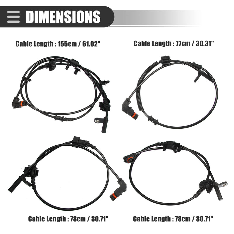Motoforti Front Rear Left Right ABS Sensor, Wheel Speed Sensor, for Dodge Charger 2006-2010, Plastic, No.4779247AC, Black, 4pcs