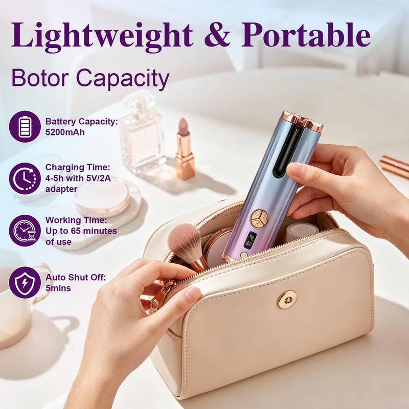 Automatic Hair Curler, dual-temperature display (°C and °F), Curling iron with 6 Temperature Settings,equipped with a 5200mAh battery with left-right rotation function,suitable for home and travel use