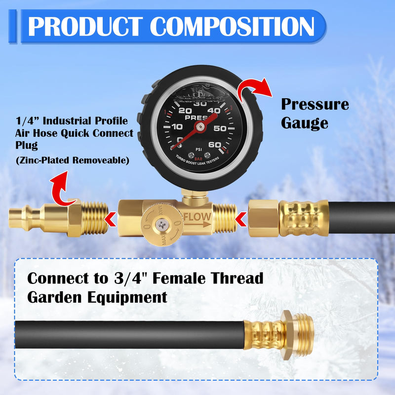 Boltigen Upgraded RV Winterizing Kit, 17'' RV Winterizing Hose with Oil Pressure Gauge & Control Valve, Air Compressor Sprinkler Blowout Adapter Kit, for RV, Camper, Boat, Travel Trailer, Garden Hose Black