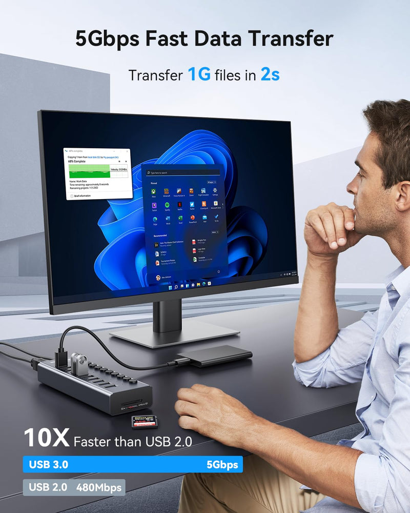 WENTER Powered USB Hub 3.0 with SD/TF Card Reader, Aluminum 10 Port Powered USB Hub (9 USB 3.0 Data Transfer Port & 1 USB Fast Charging Port Hub) USB 3.0 Hub for PC, Laptop Aluminum 9+1 Powered USB Hub