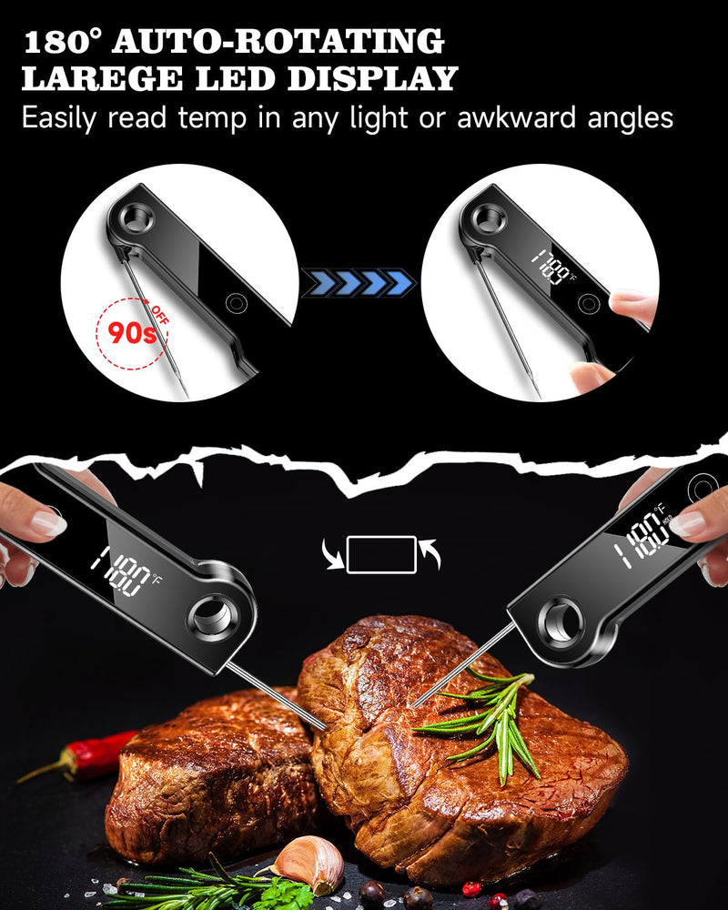 2025 Meat Thermometer Digital, ±0.5°F Accuracy Instant Read Thermometer180° Rotating Display, Calibratable and Auto Off, IP67 Waterproof Food Thermometer for Cooking,Grill,Oil Deep Fry, Brewing,Candy Black