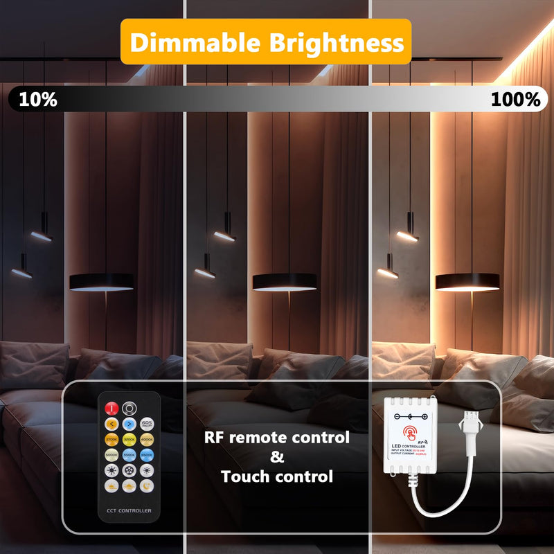 DAYBETTER COB LED Strip Lights, Tunable White(2700K-6500K) COB LED Lights with 6080 LEDs, 24V Adapter, RF Remote, Dimmable High Density Uniform LED Strip for Bedroom, Kitchen, Cabinet, CRI90+, 32.8ft Tunable White(2700K-6500K)