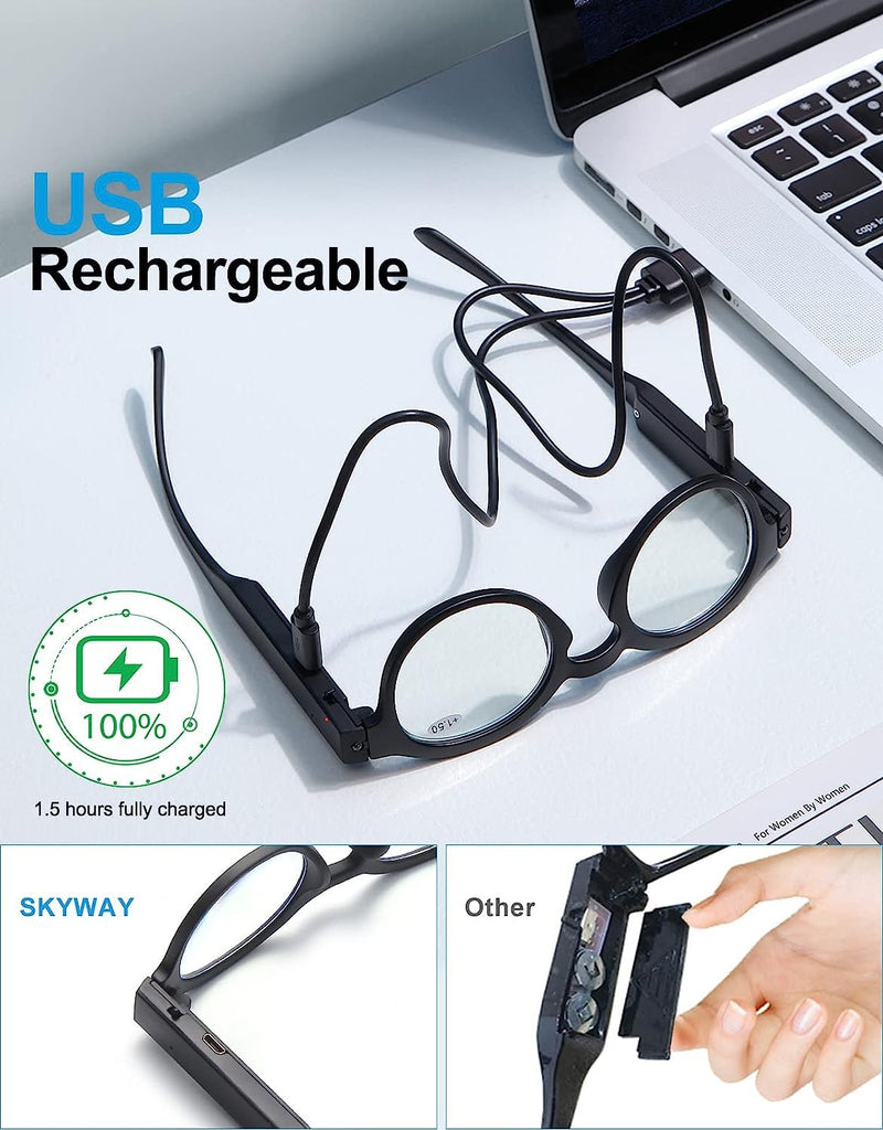 OKH Lighted Up Reading Glasses Rechargeable Bright LED Readers with Rechargeable Lights for Women Men Round-black-2pcs 2.5 x