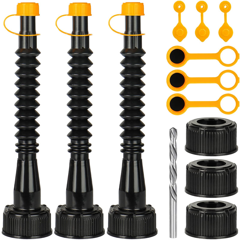 Gas Can Spout Replacement Kit, 3 Pack Flexible Nozzle Replacement Set with Vent Caps, Black