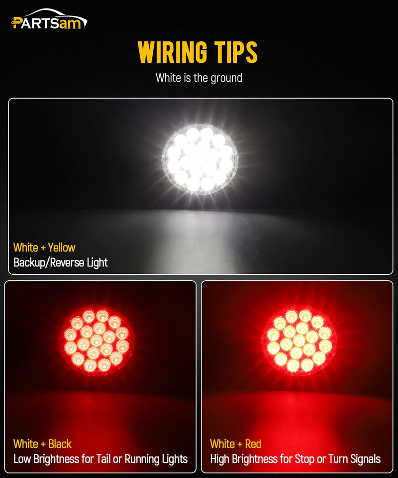Partsam 2Pcs 4 Inch Round Red Stop Turn Tail Lights and White Backup Lights Kit 19 Diodes w/Rubber Grommets & 3-Prong Wire Pigtails, Red/White Round Led Truck Trailer Tail Lights and Reverse Lights
