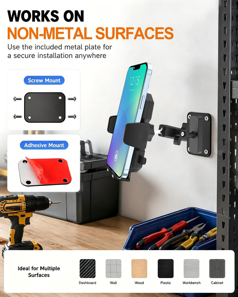 Magnetic Phone Mount for Metal Surfaces with 360° Adjustable Arm | Strong N52 magnetic base with 360° adjustment for secure hands-free phone viewing on vehicles and metal surfaces.