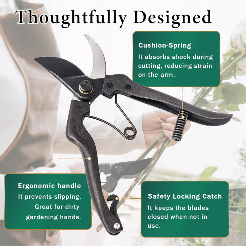 Professional Forged Bypass Pruning Shears 7.9" Japanese Hand Garden Scissors Made in Japan (Cusion-Spring Model) Cusion-Spring Model