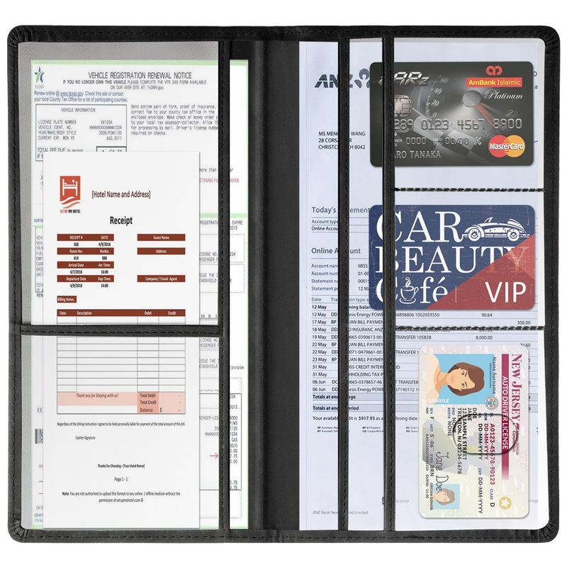 Car Accessories Registration and Insurance Holder,Leather Essential Card Magnetic Shut Vehicle Glove Box Organizer Case for Auto Driver License Document Truck Motorcycle Boat Men Women,Black Black Classic