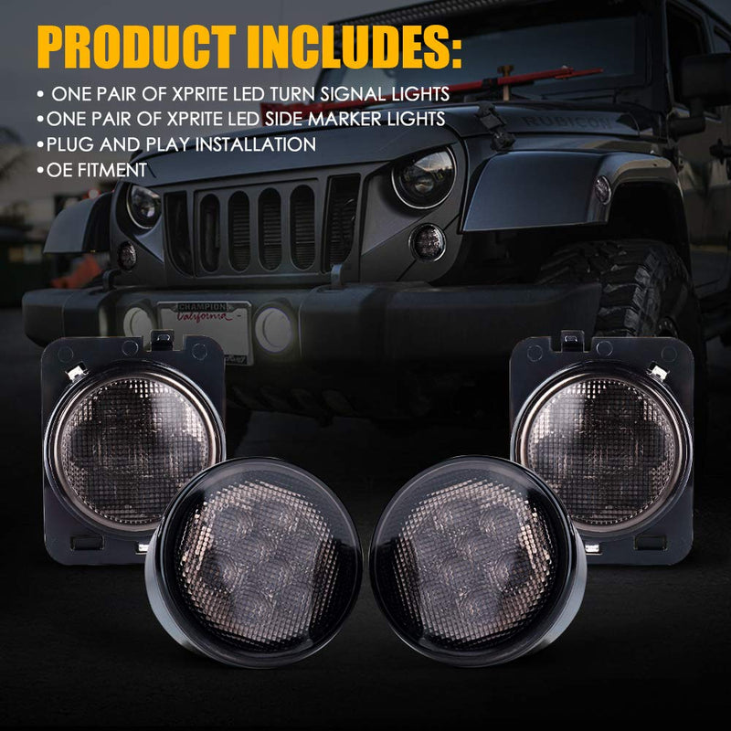 Xprite Smoked Lens Turn Signal Lights & Side Marker Lights Kits, LED Lights Compatible with 2007-2018 Jeep Wrangler JK & Wrangler Unlimited, Amber Smoke Lens