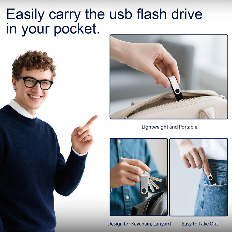Swivel Design 8GB USB Flash Drive, Portable USB 2.0 Thumb Drive Memory Stick, Data Storage Flashdrive for Students, Travel, and Office, Home Use (Black, 8 GB)