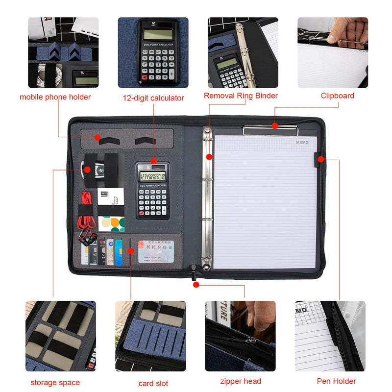 Zippered Padfolio Folder, A4 Multi-Function Portfolio Leather Combination case,with Notebook, Calculator, Business Conference Portfolio Organizer Notepad Folder Bag for Women/Men (Blue) With Calculator-blue