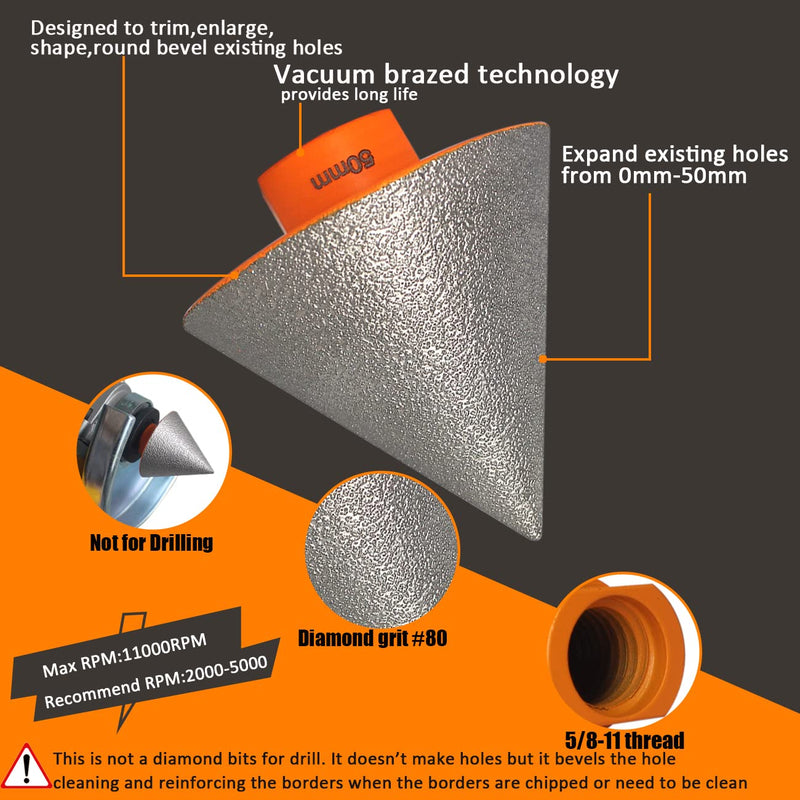 3Pcs 2" Diamond Beveling Chamfer Bits Tile Cone with 5/8-11 Thread Adapter 1" Diamond Finger Milling Bits for Existing Holes Enlarging Trimming in Tile Marble Porcelain Granite Ceramic 2"+1"+Adapter Orange