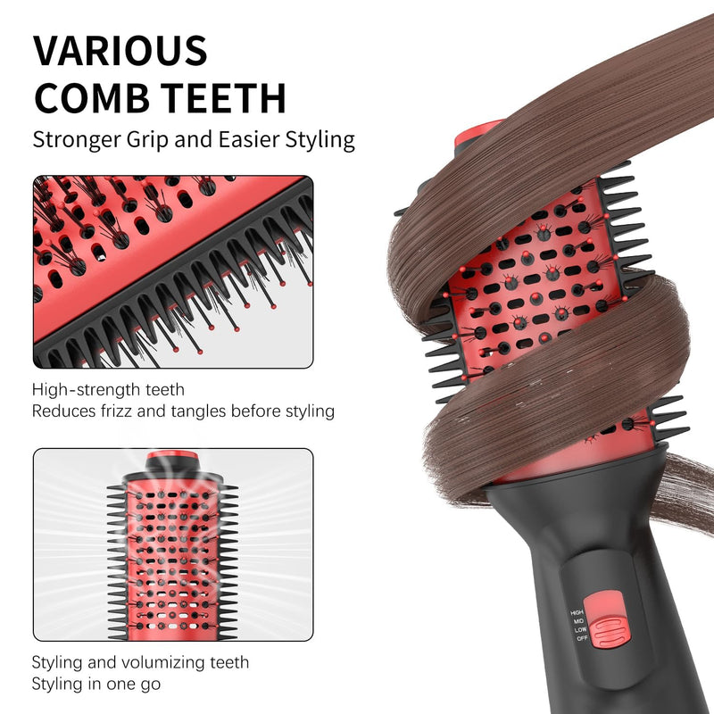 Leeko Hair Dryer Brush, 3-in-1 Hot Air Brush with 3 Temperature Settings, Lightweight Blow Dryer Brush, One-Step Hair Dryer and Styler, for Mid to Long Hair, Dual Voltage for Travel, Red