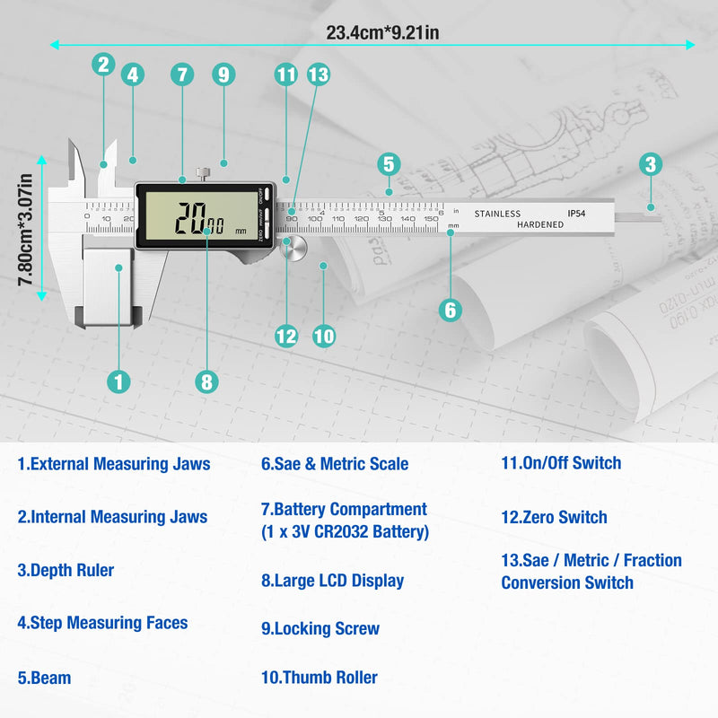 Electronic Digital Caliper 6", Professional Precision Micrometer Calipers, ±0.001"/0.02mm Accuracy, Large LCD Display, Stainless Steel Diameter Measuring for Woodworkers/Jewelers/DIY Projects 6inch
