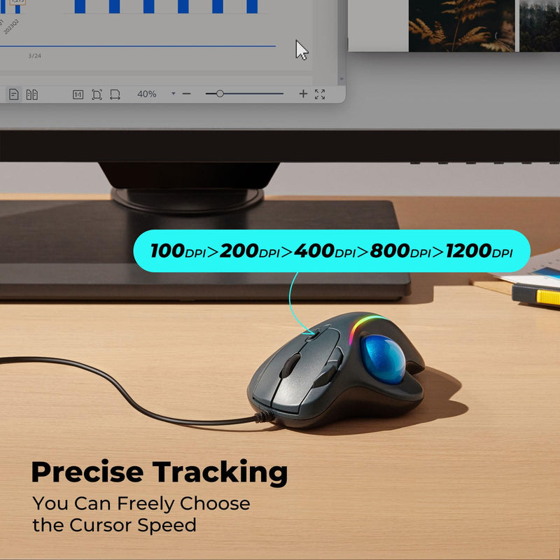 Trackball Mouse Wired, Ergonomic Comfort Design Reduces Muscle Strain, USB Plug&Play, Easy Thumb Control, Precision Tracking with 5 Adjustable DPI, RGB Rollerball Mouse Compatible for PC, Mac, Windows A-Blue
